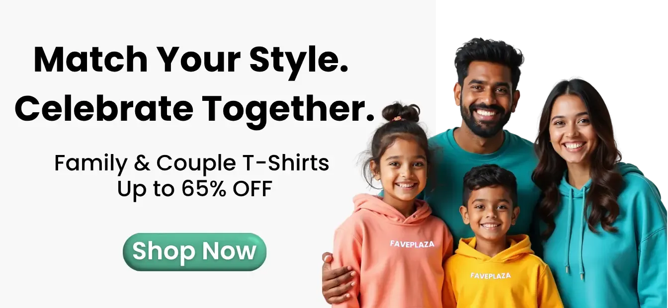 Happy family wearing matching colorful FavePlaza hoodies – perfect for couples and family T-shirt sets