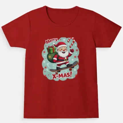 Merry X-Mas Santa Skateboard Girls Christmas T-Shirt